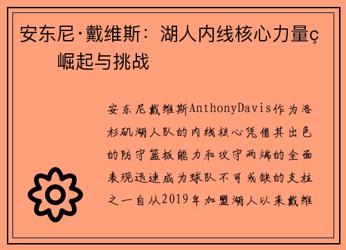 安东尼·戴维斯：湖人内线核心力量的崛起与挑战