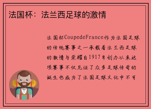 法国杯：法兰西足球的激情