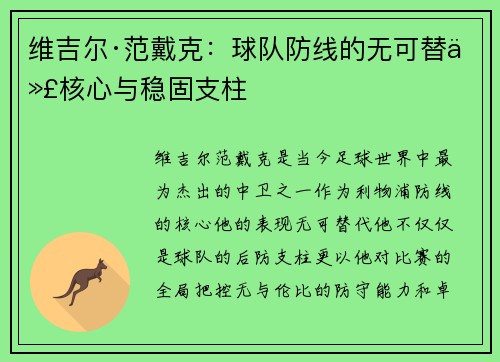 维吉尔·范戴克:球队防线的无可替代核心与稳固支柱 维吉尔·范戴克:球队防线的无可替代核心与稳固支柱