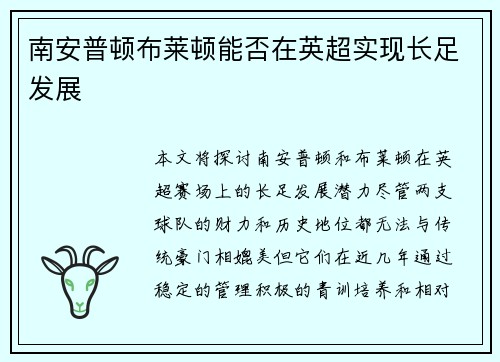 南安普顿布莱顿能否在英超实现长足发展